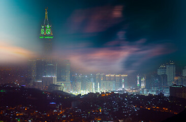 Skyline with Abraj Al Bait (Royal Clock Tower Makkah) in Makkah, Saudi Arabia. The tower is the...