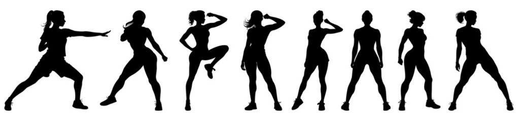 Fototapeta na wymiar A lot of vector black silhouettes of beautiful womans on white background