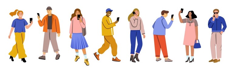 Cartoon citizens characters with phones. Funny guys and girls use gadgets on go, happy smiling people walk with smartphones, vector set