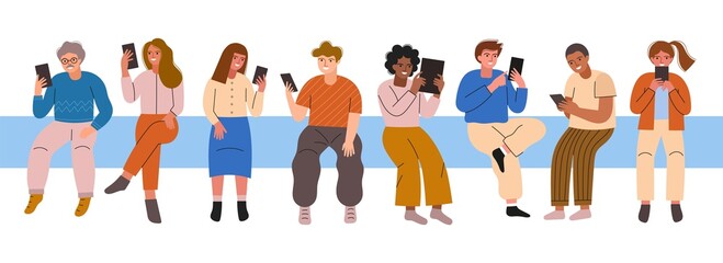 Cartoon people sit and use devices. Girls and boys with mobile phones and tablets, happy students characters, modern education, vector set