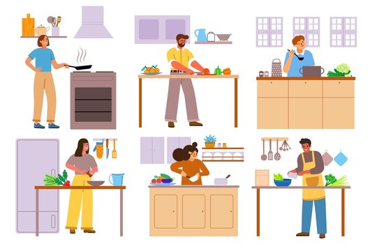 Cartoon people engaged in home cooking. Happy men and women make salads, cook soups, fry fried eggs, household chores process, vector set