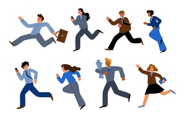 Cartoon business people characters are late for work. Hurrying managers and office staff, employees in formal suits running, vector set