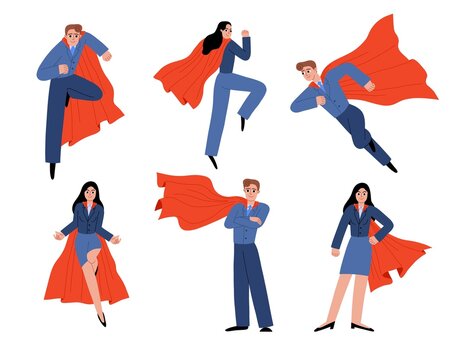 Cartoon super business people characters. Men and women in formal suits and red capes, office employees are superheroes, vector set