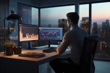 An office worker, businessman or trader sitting at the computer in the evening and watching a schedule or stock market quotes.generative ai

