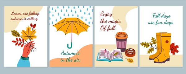 Cartoon autumn seasonal posters. Cute cozy fall elements, rubber boots, umbrella and herbarium made of leaves, hygge objects, vector set