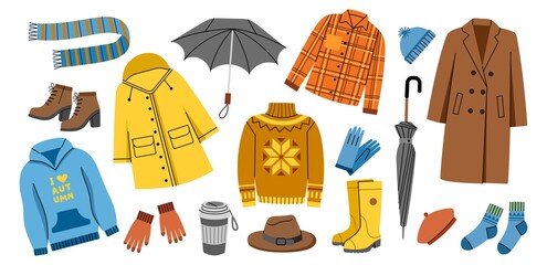 Cartoon autumn warm wardrobe. Demi season clothing, protection from cold and rain, raincoat, umbrella, sweatshirt, rubber boots, vector set