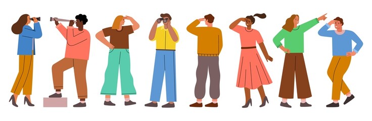 Cartoon people look through binoculars and spyglasses. Glance future, guys and girls explore distance, inspirational perspective, vector set