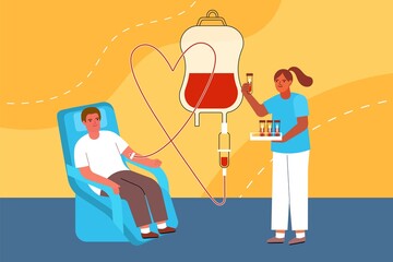 Donor donates blood. Man in medical chair, nurse with test tubes, transfusion process, volunteer help, guy giving blood, vector illustration