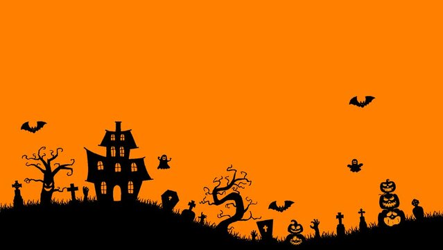 halloween background animation with pumpkins, spooky tree, vintage haunted house, and bats flying over cemetery