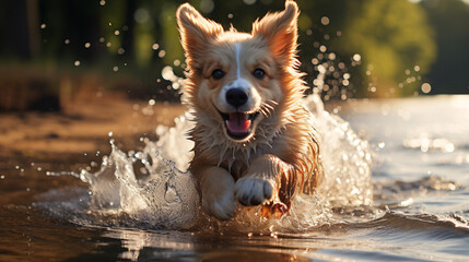 happy dog running in the water with big ears - obrazy, fototapety, plakaty