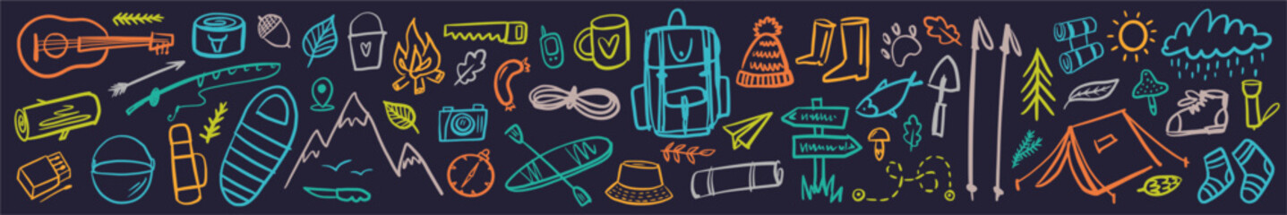 Vector horizontal collection of camping and hiking items in doodle style.