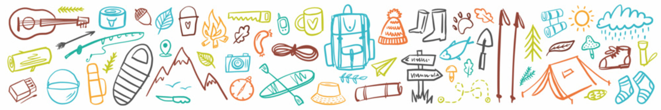 Vector horizontal collection of camping and hiking items in doodle style.