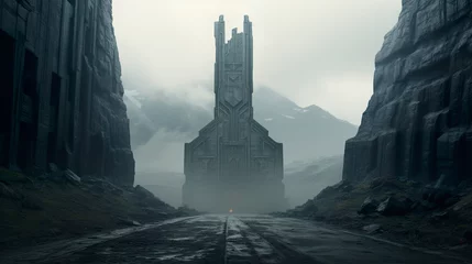Foto op Canvas Masterpiece of extraterrestrial construction. Colossal structure appears from a distance in an inhospitable environment. Megaconstruction concept. © Vagner Castro
