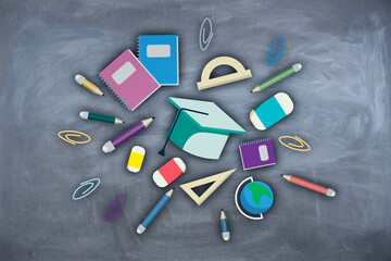 Creative colorful back to school sketch on chalkboard wall wallpaper. Education and knowledge concept.