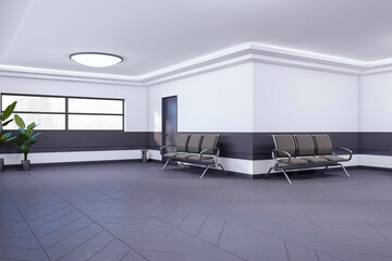 Waiting area in contemporary interior with concrete flooring, seats and plants. 3D Rendering.