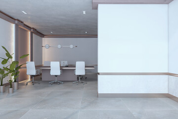 Modern stylish meeting room interior with empty mock up place on wall, furniture and equipment, wooden flooring and daylight. 3D Rendering.