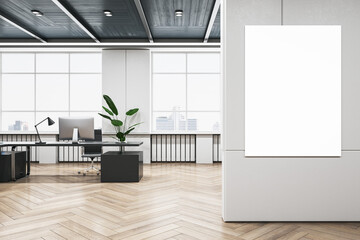 Modern coworking office interior with empty mock up banner on wall, wooden flooring and window with city view. 3D Rendering.