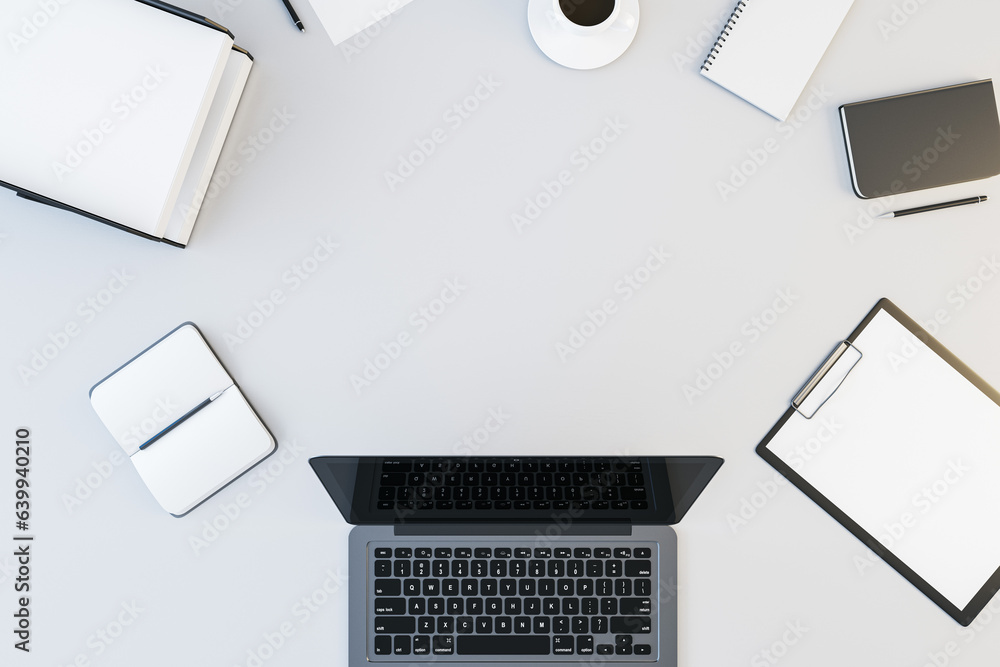 Poster Top view and close up of white office desktop with supplies, devices and mock up place for your advertisement. 3D Rendering.