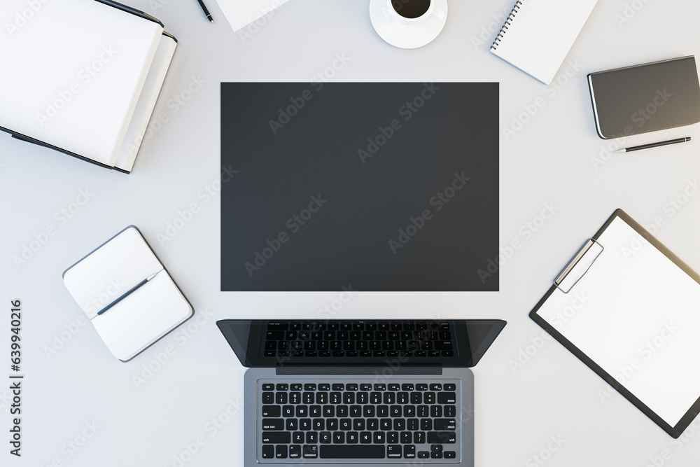 Poster Top view and close up of white office workspace with supplies, devices and mock up place for your advertisement. 3D Rendering.