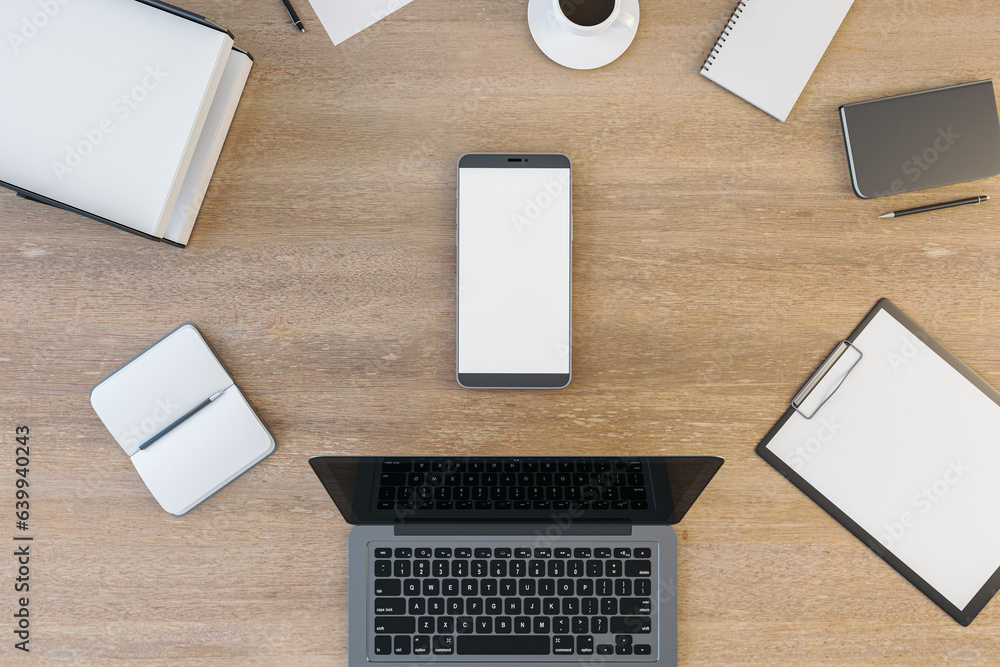 Poster top view and close up of wooden office desk top with supplies, devices and mock up place for your ad