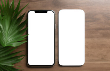 two phones mockup set with blank screen. Smartphone isolated on wooden table background. Mobile Phone Template