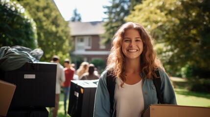 Student moves into college dorm with boxes while friends enjoy the sunny day in a residential campus setting