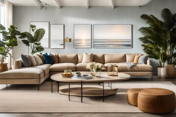 A beige modern sectional in a coastal modern family room