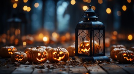 Sinister Halloween composition in dark tones. Spooky pumpkin jack-o-lanterns, burning candles, dry leaves, blurred background with bokeh effect. Template, copy space.