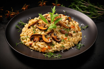 Risotto with mushrooms on a beautiful black plate.generative ai

