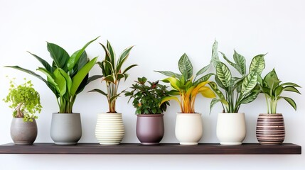 Potted plants on a wooden shelf, white background