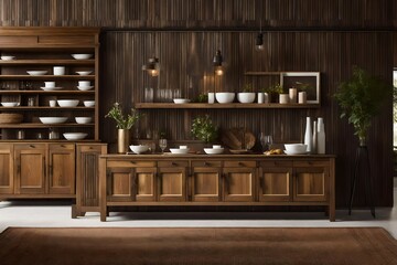 A brown modern sideboard in a rustic farmhouse dining room
