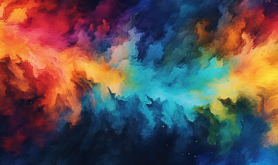 Multi colored watercolor on black background. Texture of smoke out paint. For banner, postcard, book illustration. Created with generative AI tools