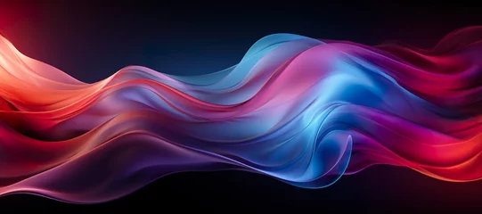 Poster Arrière plan foncé avec une vague abstraite graphique. Bleu violet magenta rose rouge orange. Abstract background with colorful waves. © Jerome Mettling