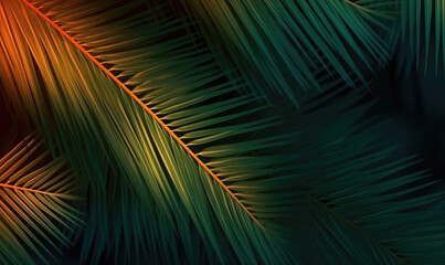 Palm leaves wallpaper. Sunny tropical background. For banner, postcard, book illustration. Created with generative AI tools