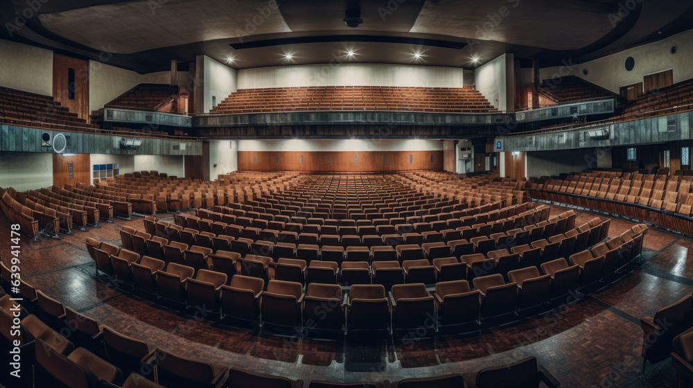 Poster panoramic view of empty auditorium of university.