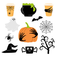 Cartoon set of halloween elements: bones, pumpkin, vampire, ghost, cauldron with a potion, zombie, cobweb, spider, bat, ghost, hat, tree. Halloween Vector illustration.