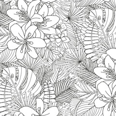 Coloring page of tropical flowers and leaves. Antistress for adults and children.