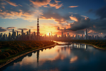 Naklejka premium Beautiful skyline at sunset with reflection