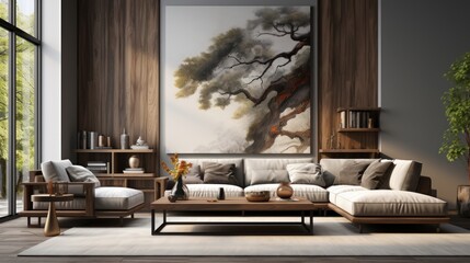 Front view of a modern minimalist living room. Wooden wall with large poster, comfortable corner sofa and armchair, coffee table, panoramic window. Contemporary home design. Mockup, 3D rendering.