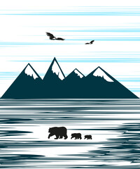 MAMA BEAR AND HER CUBS WALKING IN THE MOUNTAIN DURING WINTER TIME