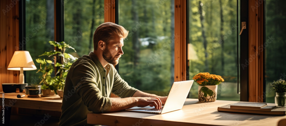 Aufkleber a man is using a laptop at a table in his home. generative ai