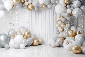 Wedding arch decorated with white and golden balloons.  Birthday decor
