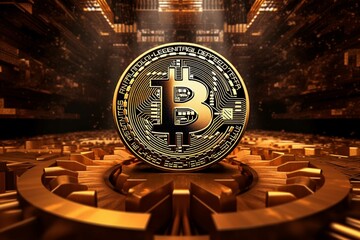 Golden bitcoin on the background of coins and graph 3d illustration
