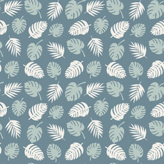 Monstera leaves seamless pattern on blue. Exotic summer design. Vector illustration.