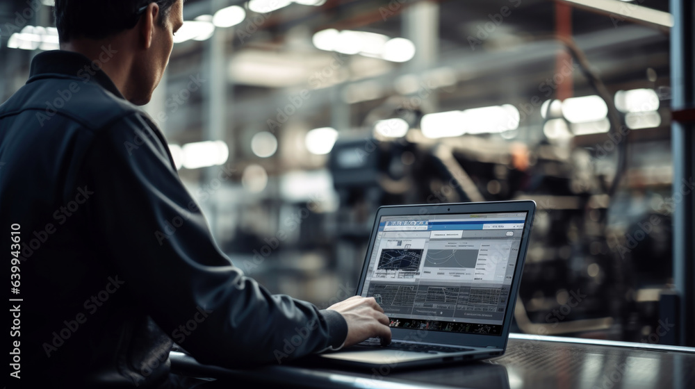 Poster an auto worker using a laptop in a factory. generative ai