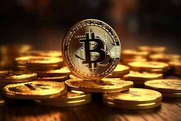 Bitcoin Cryptocurrency Golden bitcoin on the background of coins