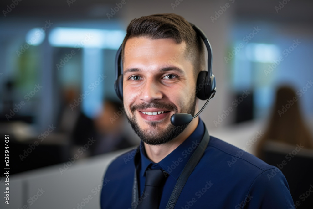 Poster portrait of a smiling customer service agent.call center operator with headset. generative ai