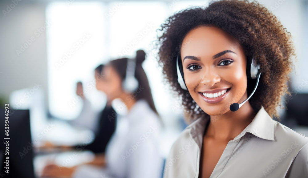 Poster portrait of a smiling customer service agent, call center operator. generative ai