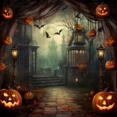 Halloween backdrop with pumpkins and bats