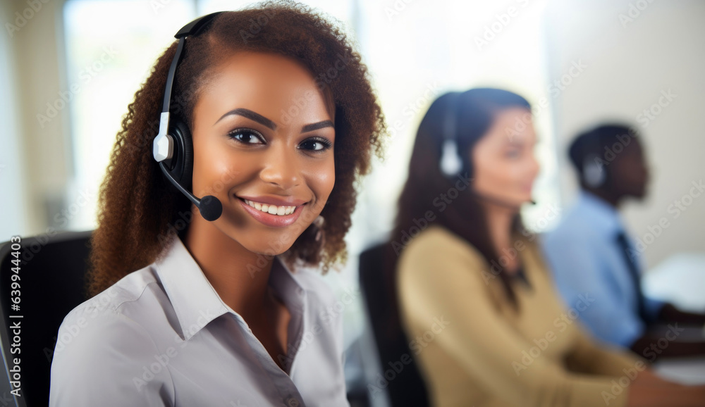 Poster portrait of a smiling customer service agent, call center operator. generative ai